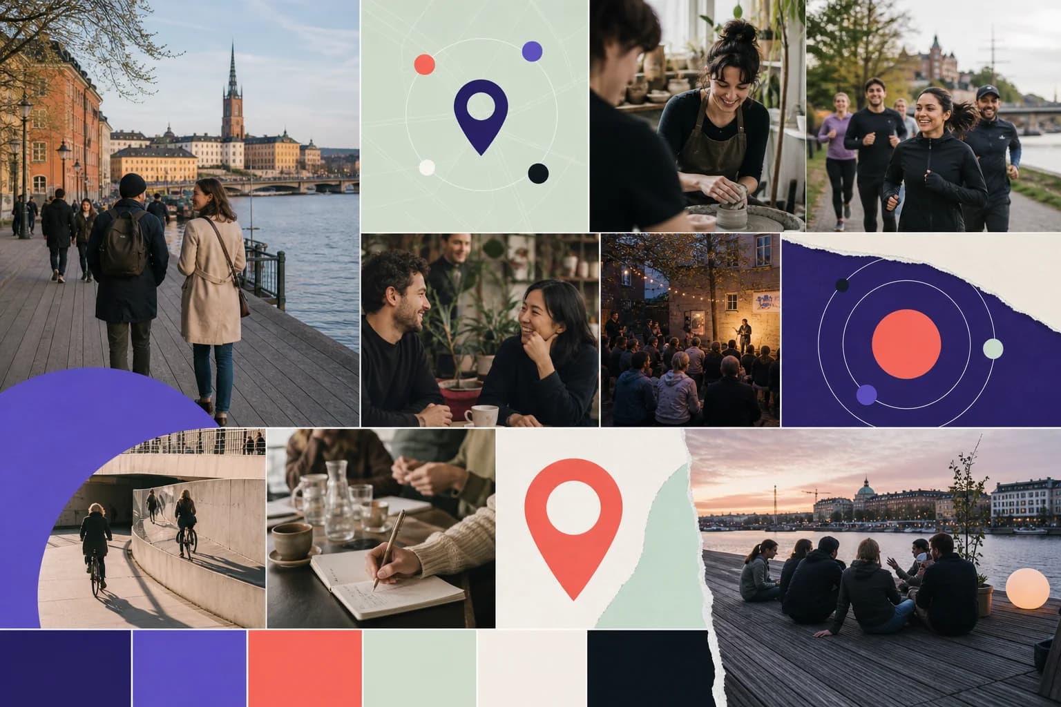 LifeNearbys konceptmoodboard med stadsliv, keramik, löpning och en palett av violett, korall och varma neutrala färger