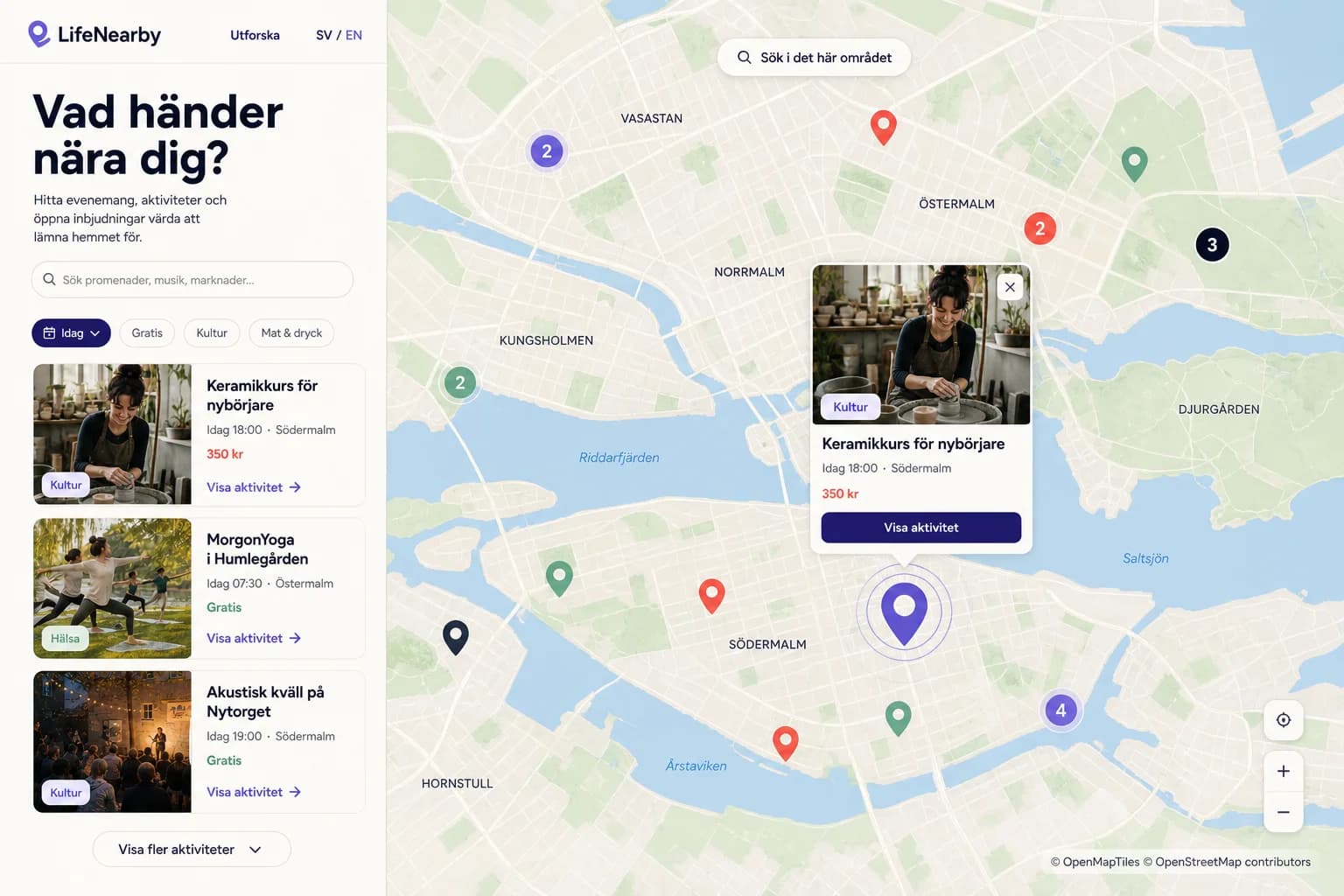 Designkoncept för LifeNearby med en aktivitetslista bredvid en stor Stockholmskarta och en vald aktivitet